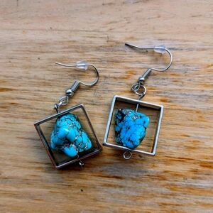 Square-framed Silver Earrings with Turquoise Stone